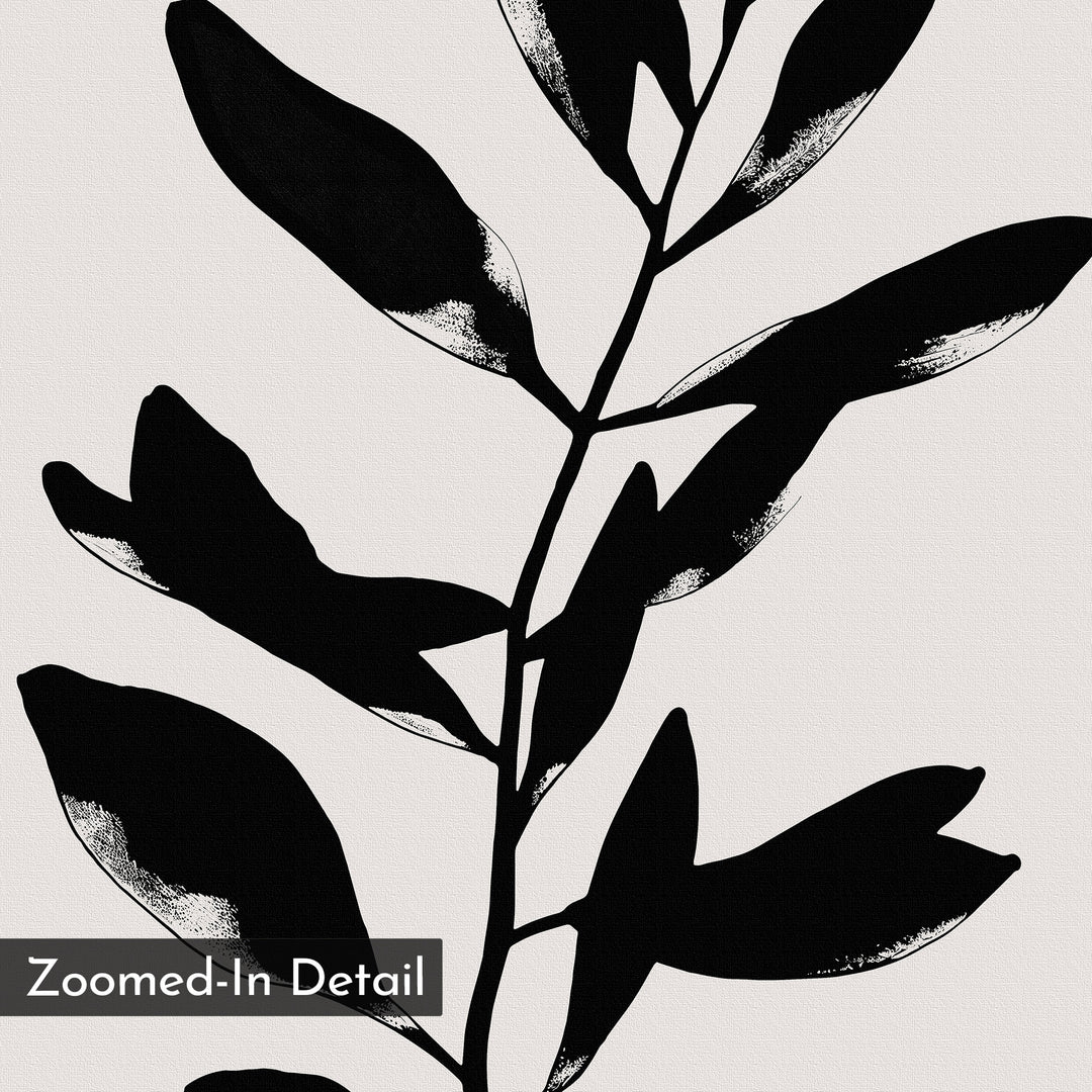 The Ebony Leaf Canvas Art features a striking black and white, high-contrast illustration of a plant stem with leaves, zoomed in to highlight fine detail and texture. "Zoomed-In Detail" appears in the corner—ideal for minimalist wall decor.