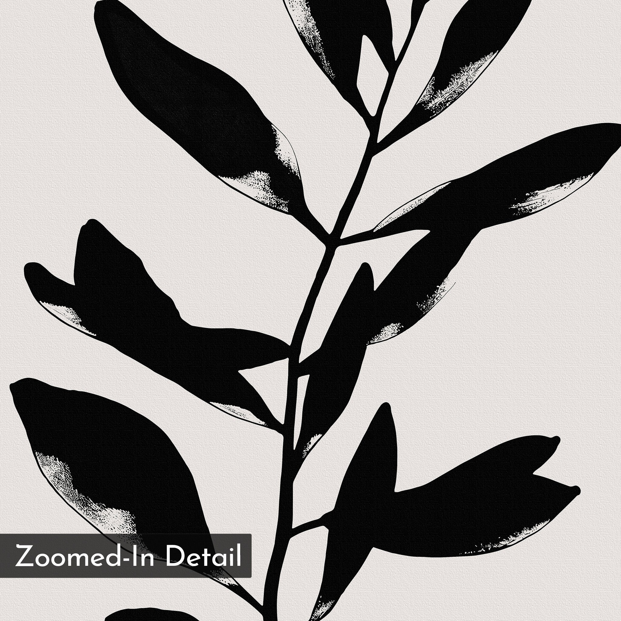 The Ebony Leaf Canvas Art features a striking black and white, high-contrast illustration of a plant stem with leaves, zoomed in to highlight fine detail and texture. "Zoomed-In Detail" appears in the corner—ideal for minimalist wall decor.