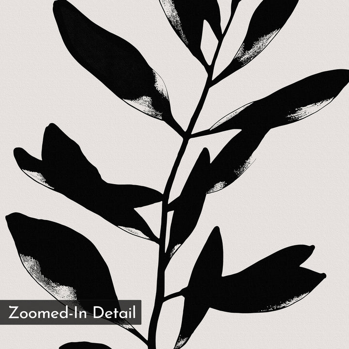 The Ebony Leaf Canvas Art features a striking black and white, high-contrast illustration of a plant stem with leaves, zoomed in to highlight fine detail and texture. "Zoomed-In Detail" appears in the corner—ideal for minimalist wall decor.