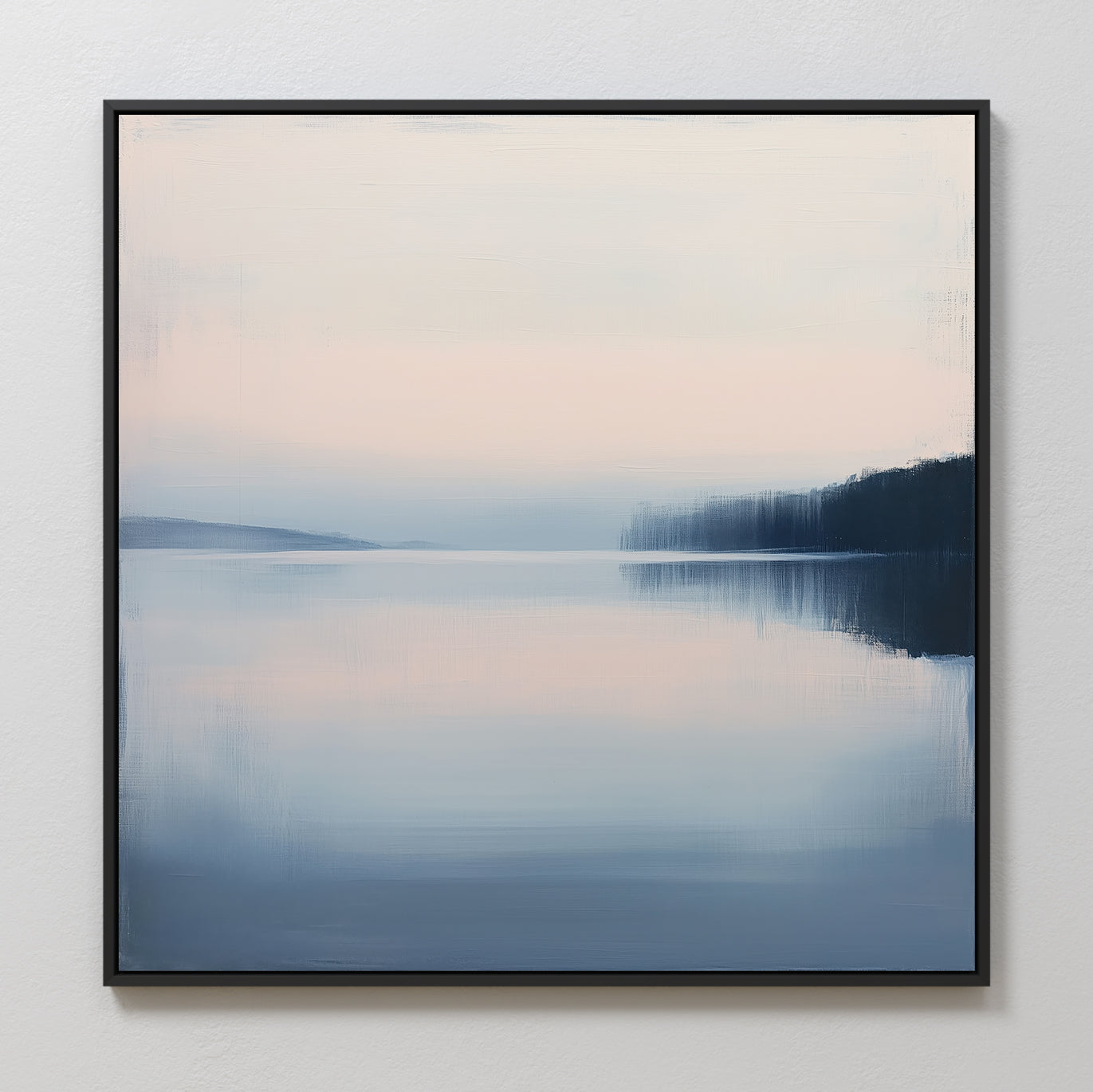 Echo Lake Canvas Art features a calm lake with a misty pink and blue sky. Its soft reflections and hazy horizon make it perfect as calming bedroom decor or minimalist wall art for any tranquil space.