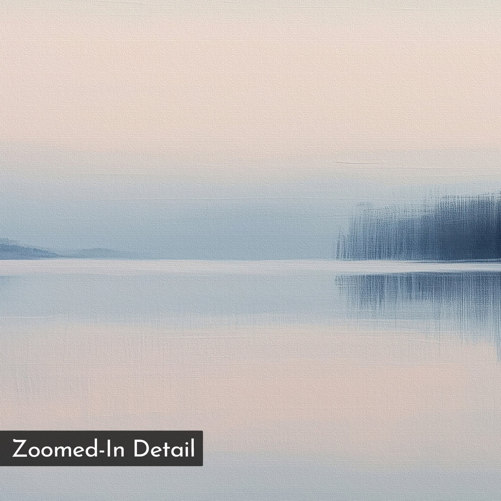 Echo Lake Canvas Art features a serene, pastel landscape of a calm lake with soft reflections, blurred distant trees, and a gentle pink-blue sky. This minimalist print is ideal for calming bedroom decor. "Zoomed-In Detail" appears in the lower left corner.
