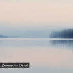 Echo Lake Canvas Art features a serene, pastel landscape of a calm lake with soft reflections, blurred distant trees, and a gentle pink-blue sky. This minimalist print is ideal for calming bedroom decor. "Zoomed-In Detail" appears in the lower left corner.