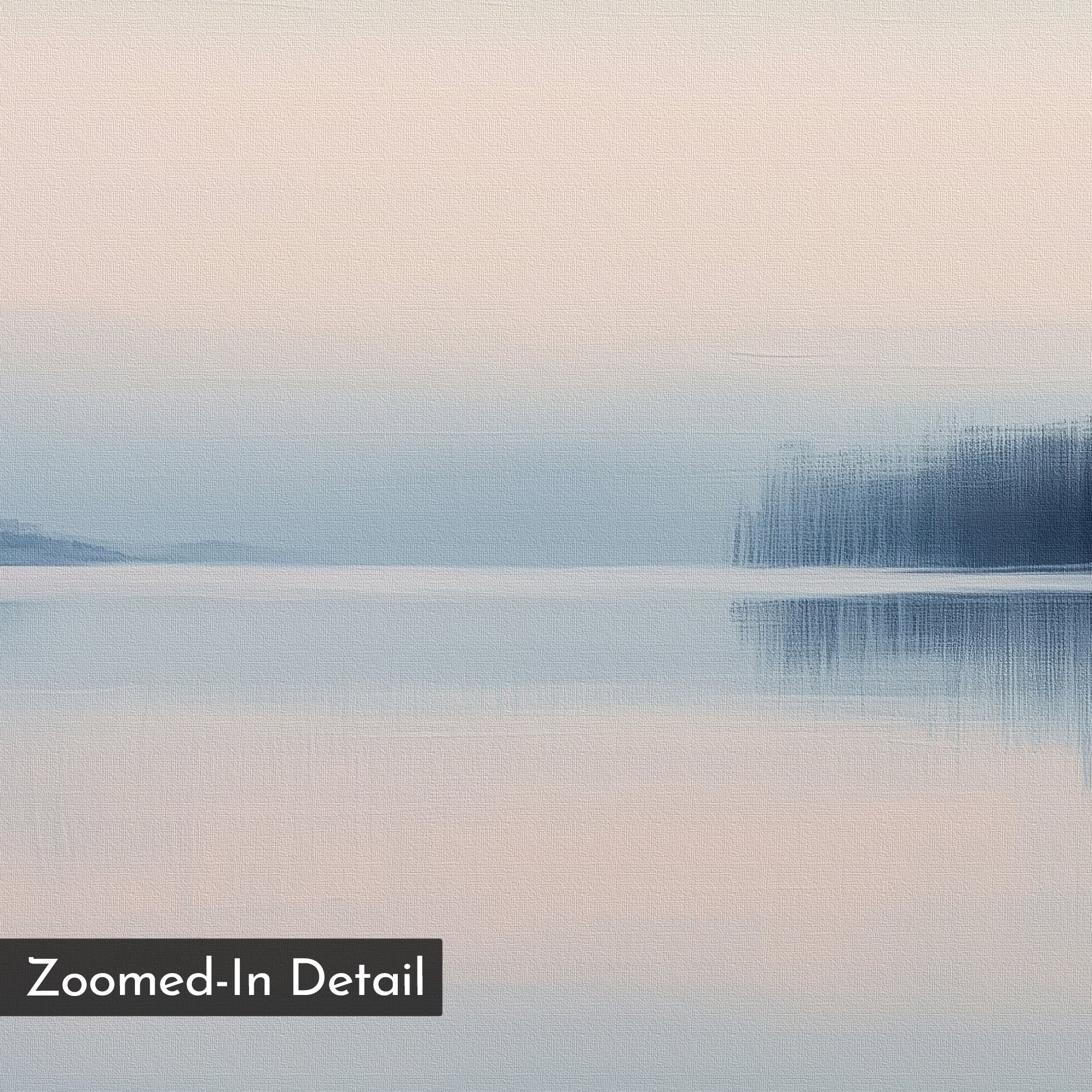 Echo Lake Canvas Art – Horizontal features a soft, pastel landscape of a tranquil lake with gentle reflections and distant hills under a pale sky. “Zoomed-In Detail” is labeled in the bottom left, making it ideal serene wall art.