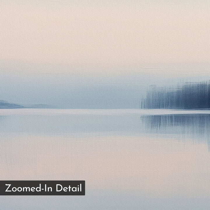 Echo Lake Canvas Art – Horizontal features a soft, pastel landscape of a tranquil lake with gentle reflections and distant hills under a pale sky. “Zoomed-In Detail” is labeled in the bottom left, making it ideal serene wall art.