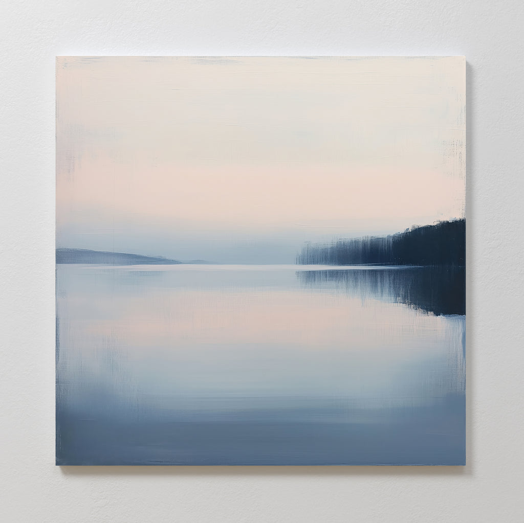 Echo Lake Canvas Art depicts a tranquil lake at dawn or dusk with pastel hues, distant hills, and mirrored water—ideal minimalist wall art for peaceful bedroom decor and a calming atmosphere.