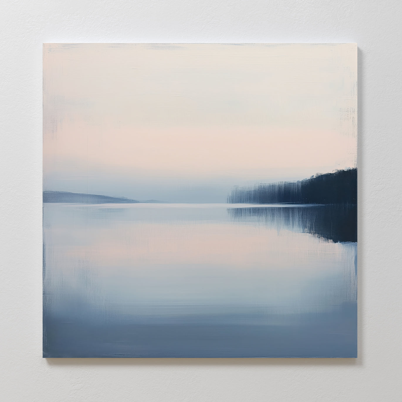 Echo Lake Canvas Art depicts a tranquil lake at dawn or dusk with pastel hues, distant hills, and mirrored water—ideal minimalist wall art for peaceful bedroom decor and a calming atmosphere.