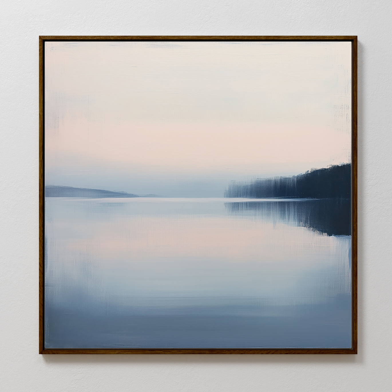 Echo Lake Canvas Art features a calm lake in soft pink and blue pastels with hills and tree reflections—perfect minimalist wall art or serene bedroom decor.