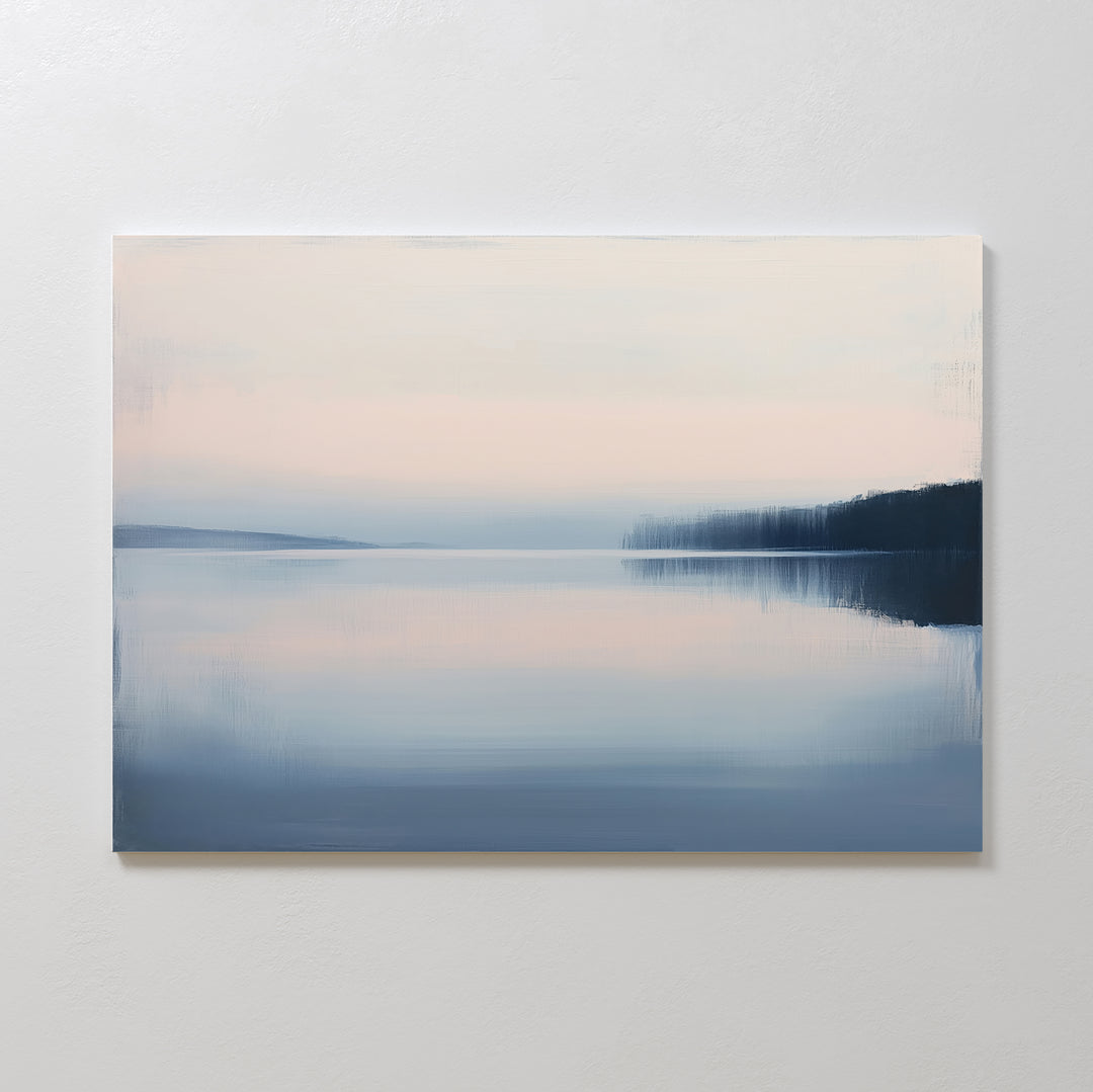 The Echo Lake Canvas Art – Horizontal features a tranquil dawn lake scene in soft pastel blues and pinks with a hazy shoreline—ideal serene wall art to enhance calming bedroom decor.