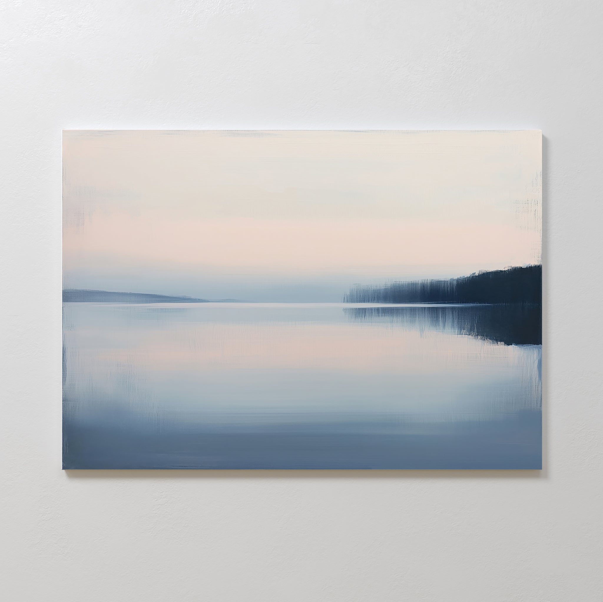 The Echo Lake Canvas Art – Horizontal features a tranquil dawn lake scene in soft pastel blues and pinks with a hazy shoreline—ideal serene wall art to enhance calming bedroom decor.