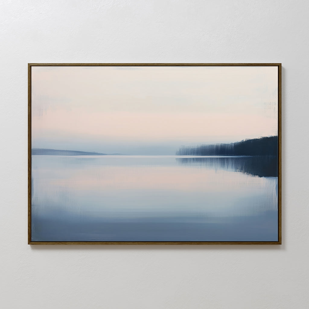 Echo Lake Canvas Art – Horizontal features a minimalist depiction of a tranquil lake at dawn or dusk in soft blue and pink hues. The serene water reflects the sky and distant shoreline, perfect as calming wall art for your bedroom.