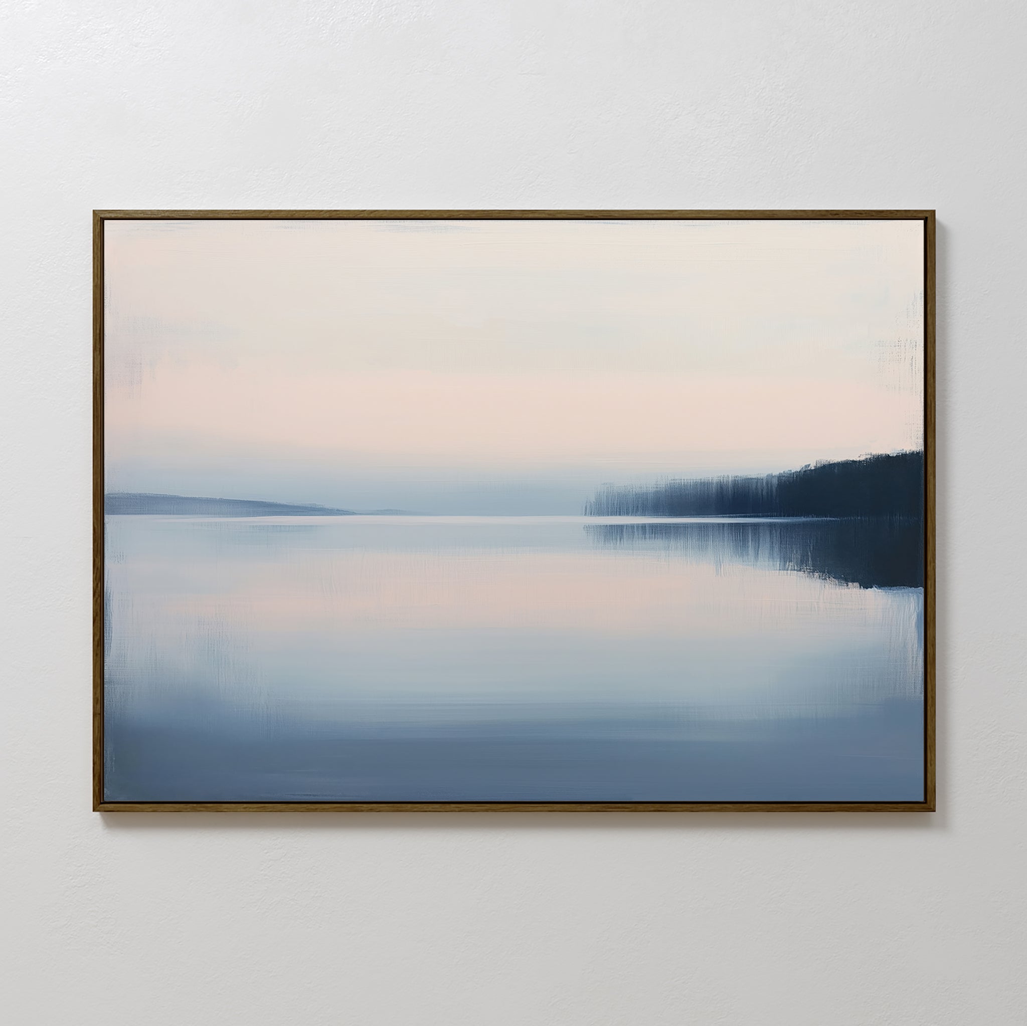 Echo Lake Canvas Art – Horizontal features a minimalist depiction of a tranquil lake at dawn or dusk in soft blue and pink hues. The serene water reflects the sky and distant shoreline, perfect as calming wall art for your bedroom.