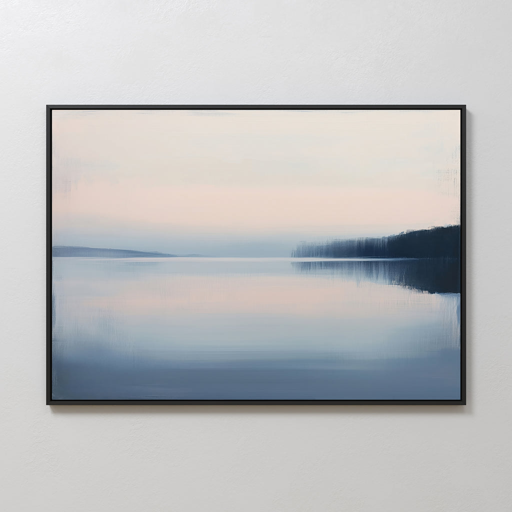 Echo Lake Canvas Art – Horizontal depicts a tranquil lake with pastel tones, hazy reflections, and distant trees—ideal minimalist wall art for creating a calming bedroom atmosphere.