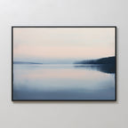 Echo Lake Canvas Art – Horizontal depicts a tranquil lake with pastel tones, hazy reflections, and distant trees—ideal minimalist wall art for creating a calming bedroom atmosphere.