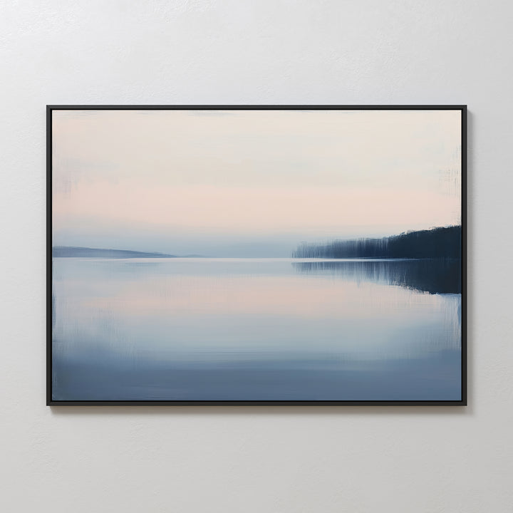 Echo Lake Canvas Art – Horizontal depicts a tranquil lake with pastel tones, hazy reflections, and distant trees—ideal minimalist wall art for creating a calming bedroom atmosphere.