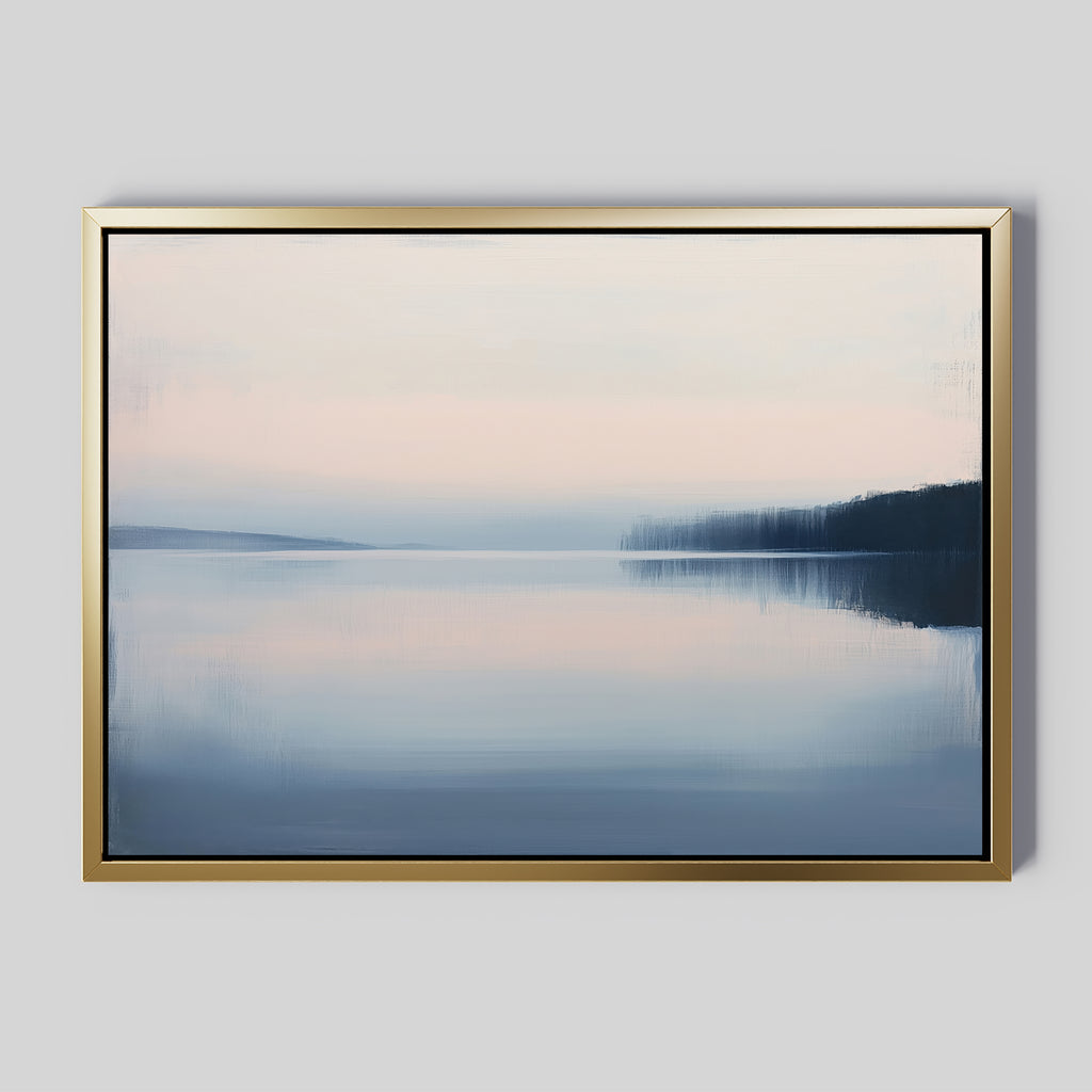 Echo Lake Canvas Art – Horizontal features a minimalist framed print of a calm lake at dawn or dusk, with tranquil blue and pink tones, soft pastel sky, blurred tree line, and serene waters for soothing wall decor.