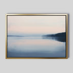Echo Lake Canvas Art – Horizontal features a minimalist framed print of a calm lake at dawn or dusk, with tranquil blue and pink tones, soft pastel sky, blurred tree line, and serene waters for soothing wall decor.