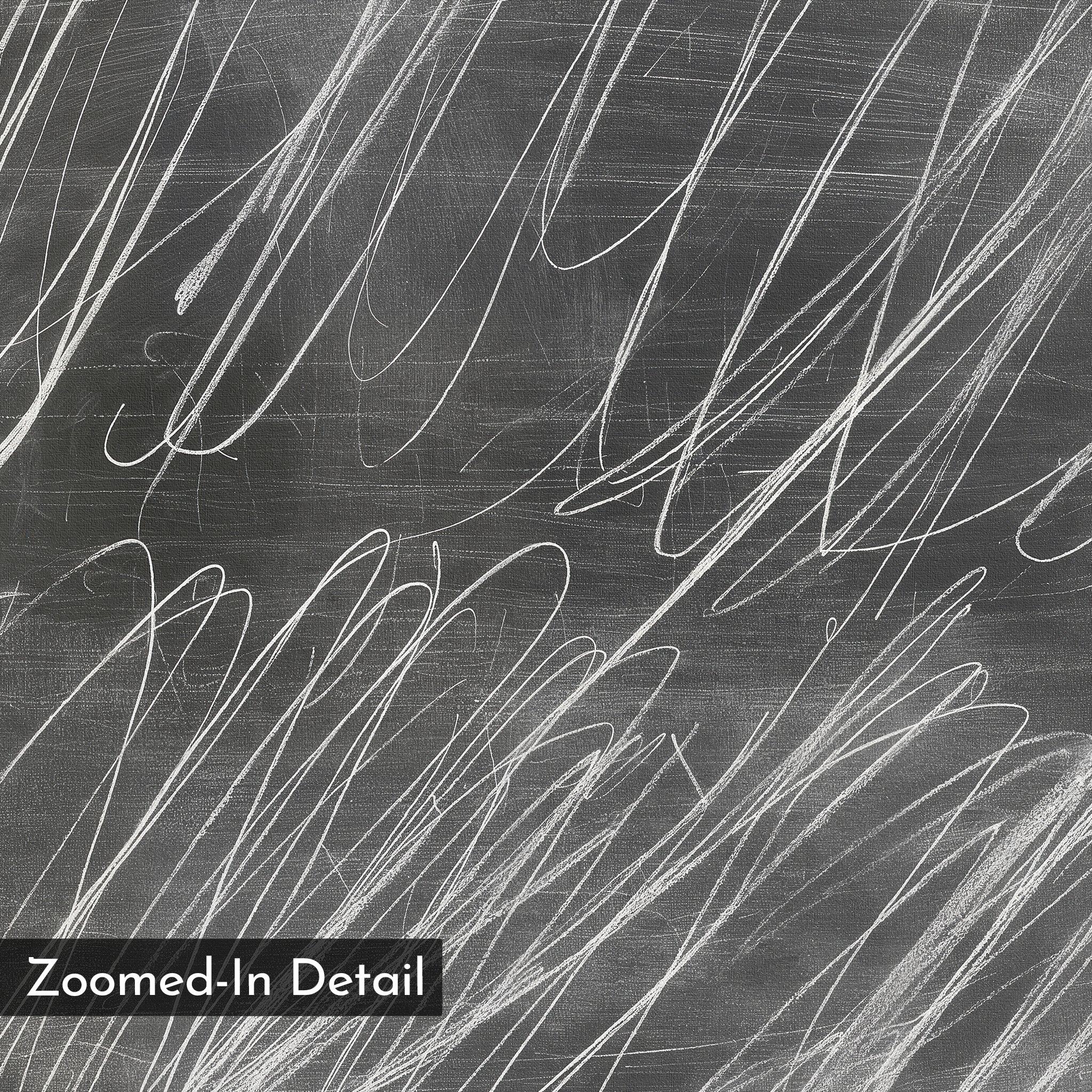 A close-up of the Echoes in Chalk Abstract Canvas Art shows random, overlapping white chalk scribbles on a chalkboard. A black label in the corner reads "Zoomed-In Detail"—a striking, minimalist modern wall art piece.