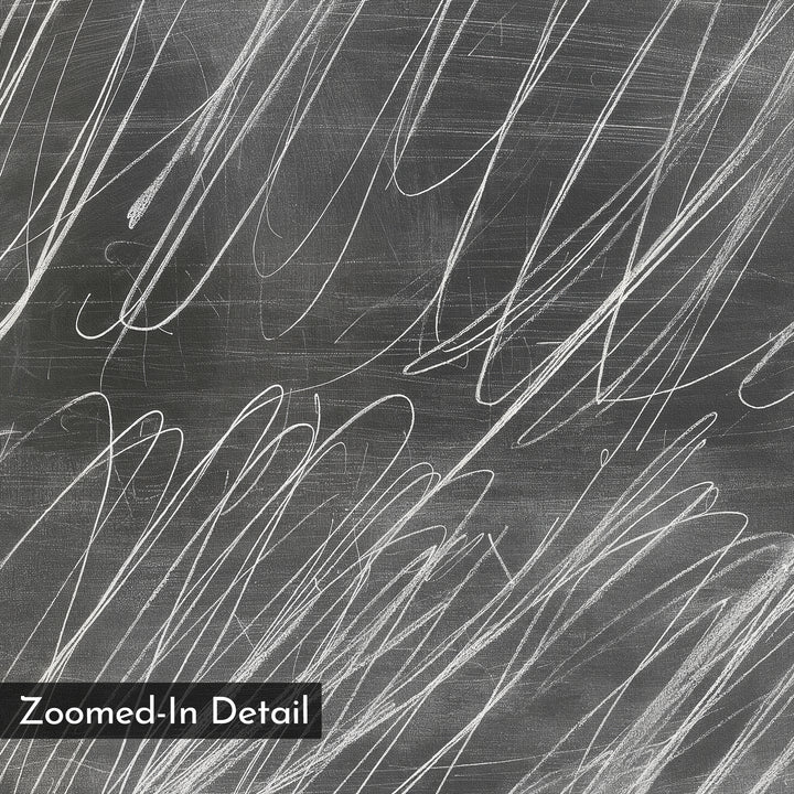 A close-up of the Echoes in Chalk Abstract Canvas Art shows random, overlapping white chalk scribbles on a chalkboard. A black label in the corner reads "Zoomed-In Detail"—a striking, minimalist modern wall art piece.