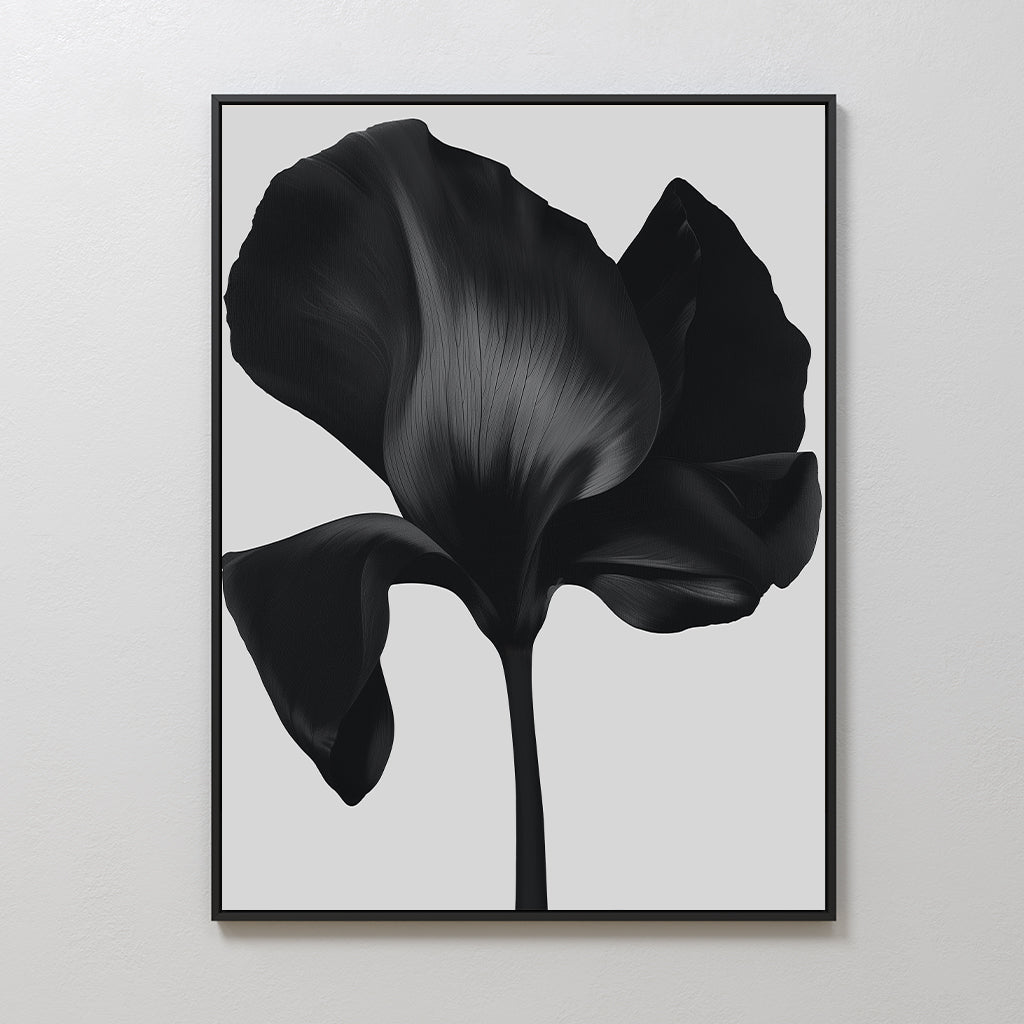 Eclipse Bloom Canvas Art: A framed black and white photograph showcasing a single iris with detailed petals against a light gray background—ideal minimalist wall decor for your living room.
