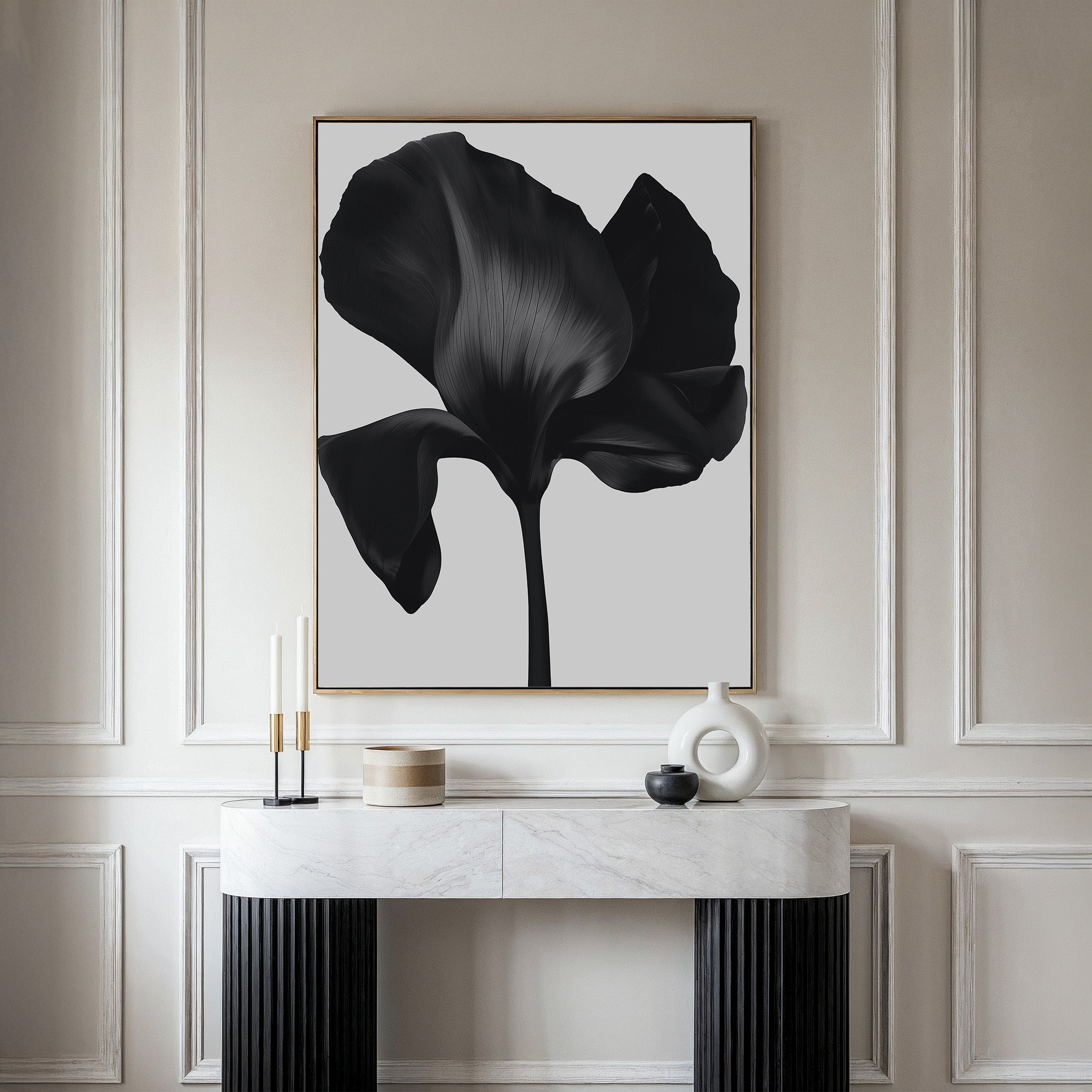 Eclipse Bloom Canvas Art, a framed black and white abstract floral print, adds a minimalist touch above a modern console with candles and ceramics, making it an elegant choice for living room decor in any light-toned space.
