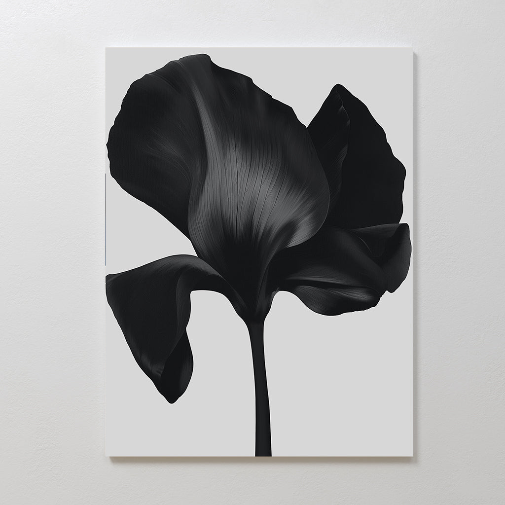 Eclipse Bloom Canvas Art features a monochrome black iris with detailed petals on a white background, offering minimalist elegance as wall art and making a sophisticated addition to your living room decor.