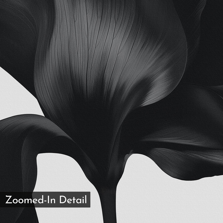 The Eclipse Bloom Canvas Art features a close-up black-and-white image of a flower petal with detailed vein patterns and smooth textures. "Zoomed-In Detail" appears in a box at the bottom left, creating stunning minimalist wall decor.
