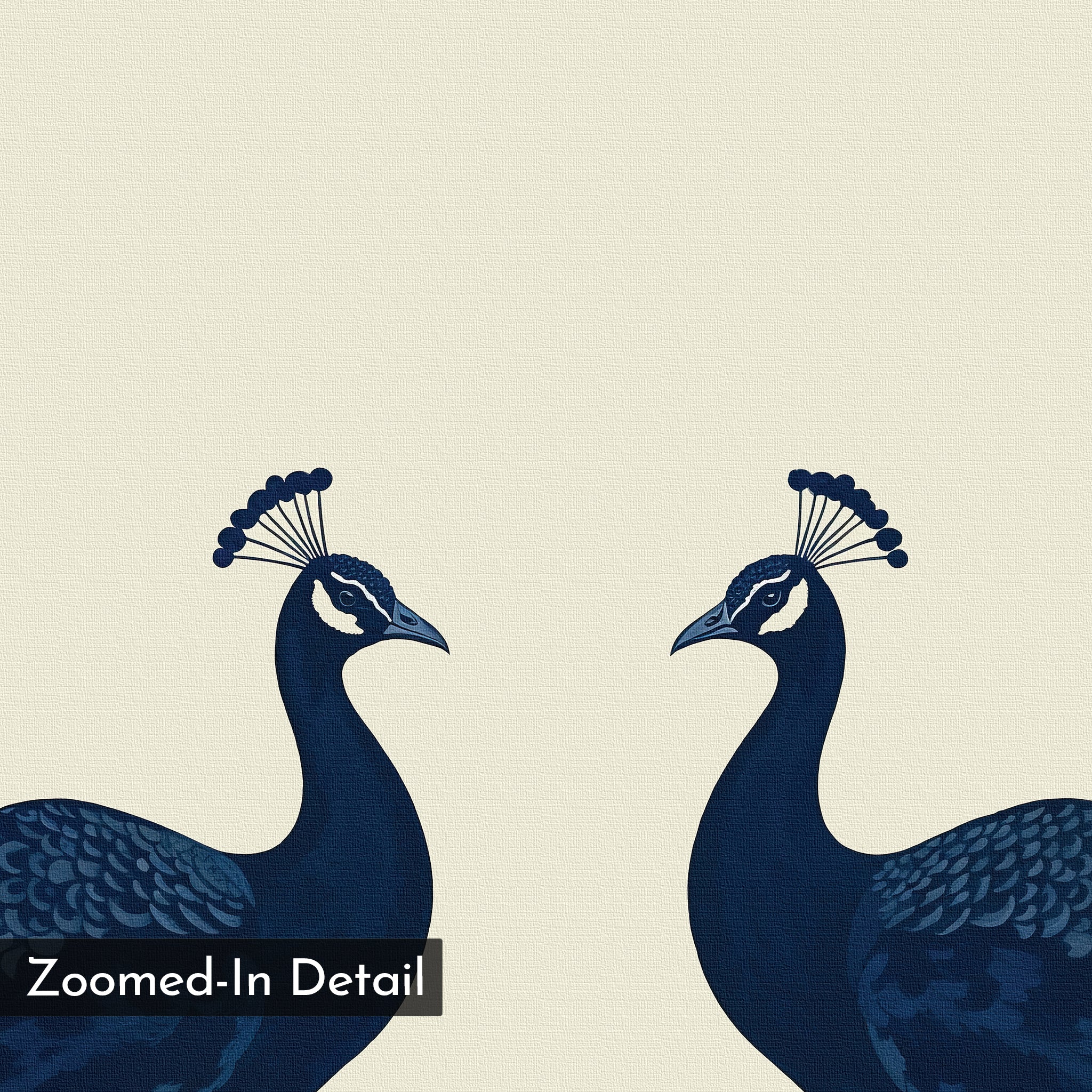 Elegant Plumage Canvas Art features two stylized blue peacocks facing each other on a light beige background, ideal for modern wall decor. A black box labeled "Zoomed-In Detail" appears in the lower left corner.