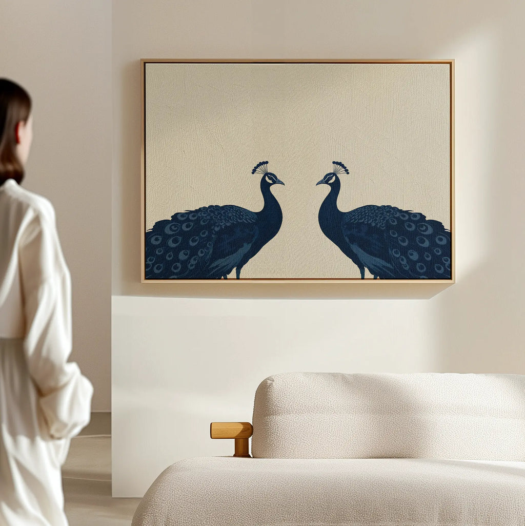 A person in a white shirt admires the Elegant Plumage Canvas Art—two blue peacocks face to face—displayed above a beige couch, adding charm and sophistication to the softly lit, minimalist living room decor.