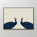 Elegant Plumage Canvas Art showcases two blue peacocks facing each other on a beige background, with detailed feathers and wooden frame—an ideal choice for stylish living room décor.