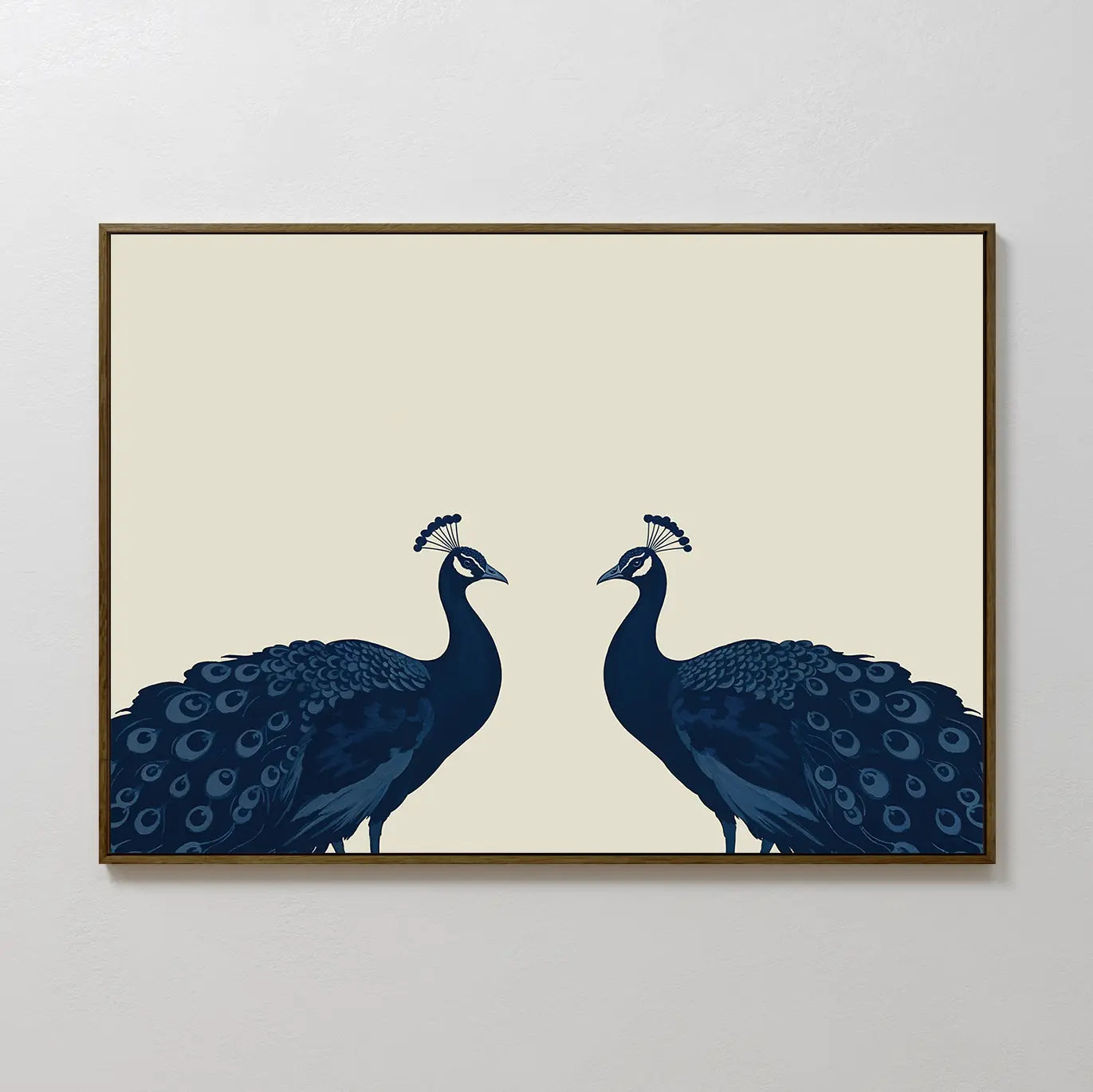 Elegant Plumage Canvas Art showcases two blue peacocks facing each other on a beige background, with detailed feathers and wooden frame—an ideal choice for stylish living room décor.