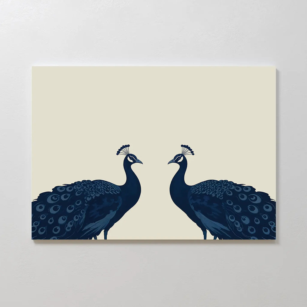 Elegant Plumage Canvas Art showcases two dark blue peacocks with detailed tails, facing each other on a light beige background—perfect symmetrical wall art for elevating chic living room decor.