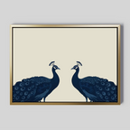 Elegant Plumage Canvas Art: A minimalist framed canvas featuring two stylized blue peacocks with raised crests on a beige background, bordered by a slim gold frame—ideal for adding sophistication to your living room decor.