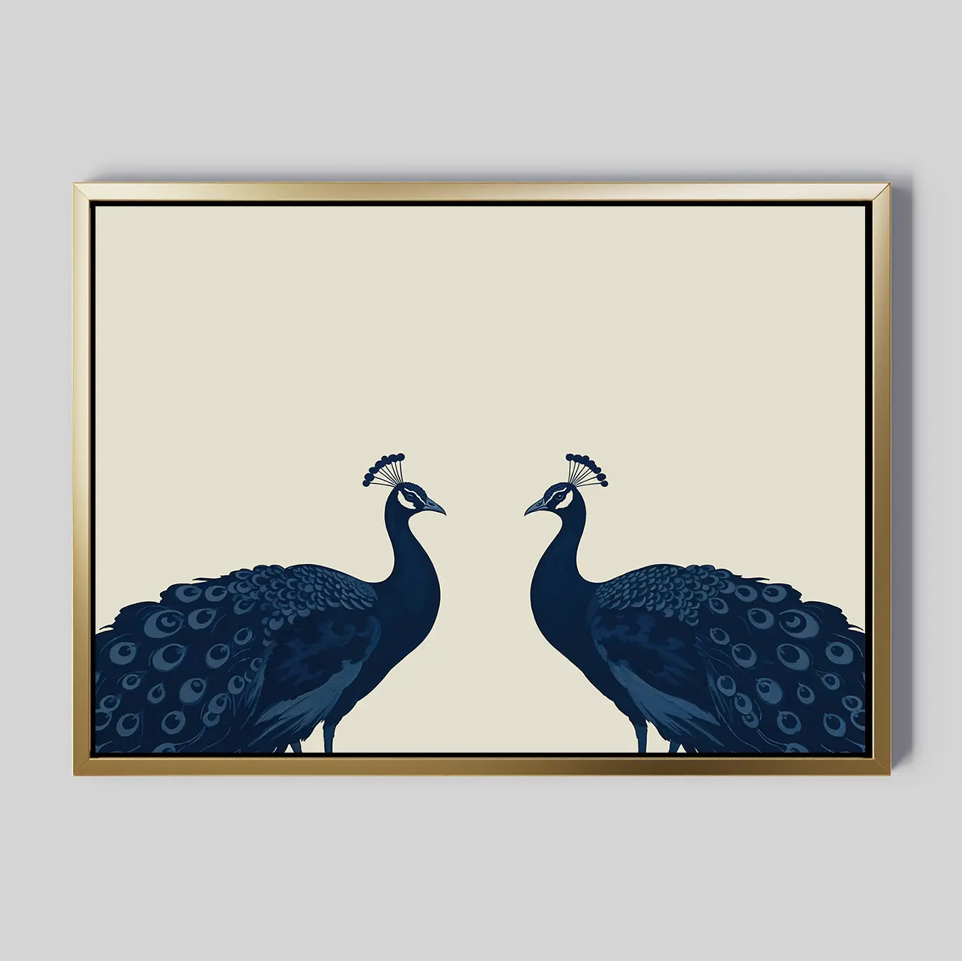 Elegant Plumage Canvas Art: A minimalist framed canvas featuring two stylized blue peacocks with raised crests on a beige background, bordered by a slim gold frame—ideal for adding sophistication to your living room decor.