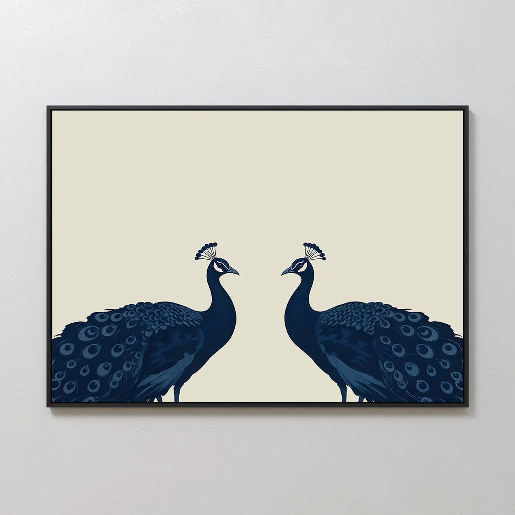 Elegant Plumage Canvas Art features two dark blue peacocks facing each other on a light beige background with detailed feathers in a minimalist style—perfect as framed wall decor for your living room.