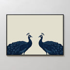Elegant Plumage Canvas Art features two dark blue peacocks facing each other on a light beige background with detailed feathers in a minimalist style—perfect as framed wall decor for your living room.