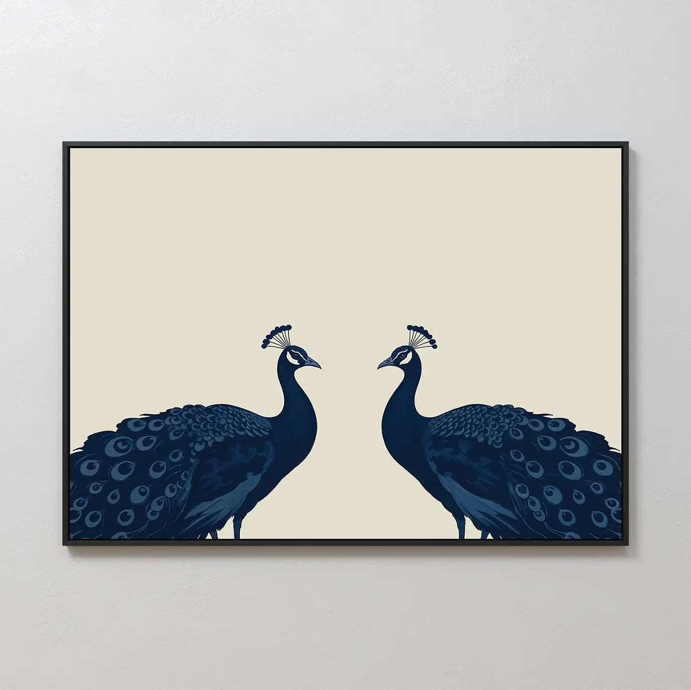 Elegant Plumage Canvas Art features two dark blue peacocks facing each other on a light beige background with detailed feathers in a minimalist style—perfect as framed wall decor for your living room.
