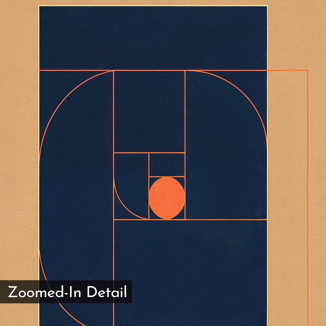 Ember Point Canvas Art: Abstract geometric wall art with golden rectangles, curves, and a central orange oval on a navy and tan background. Overlay label reads "Zoomed-In Detail"—ideal for modern living room decor.
