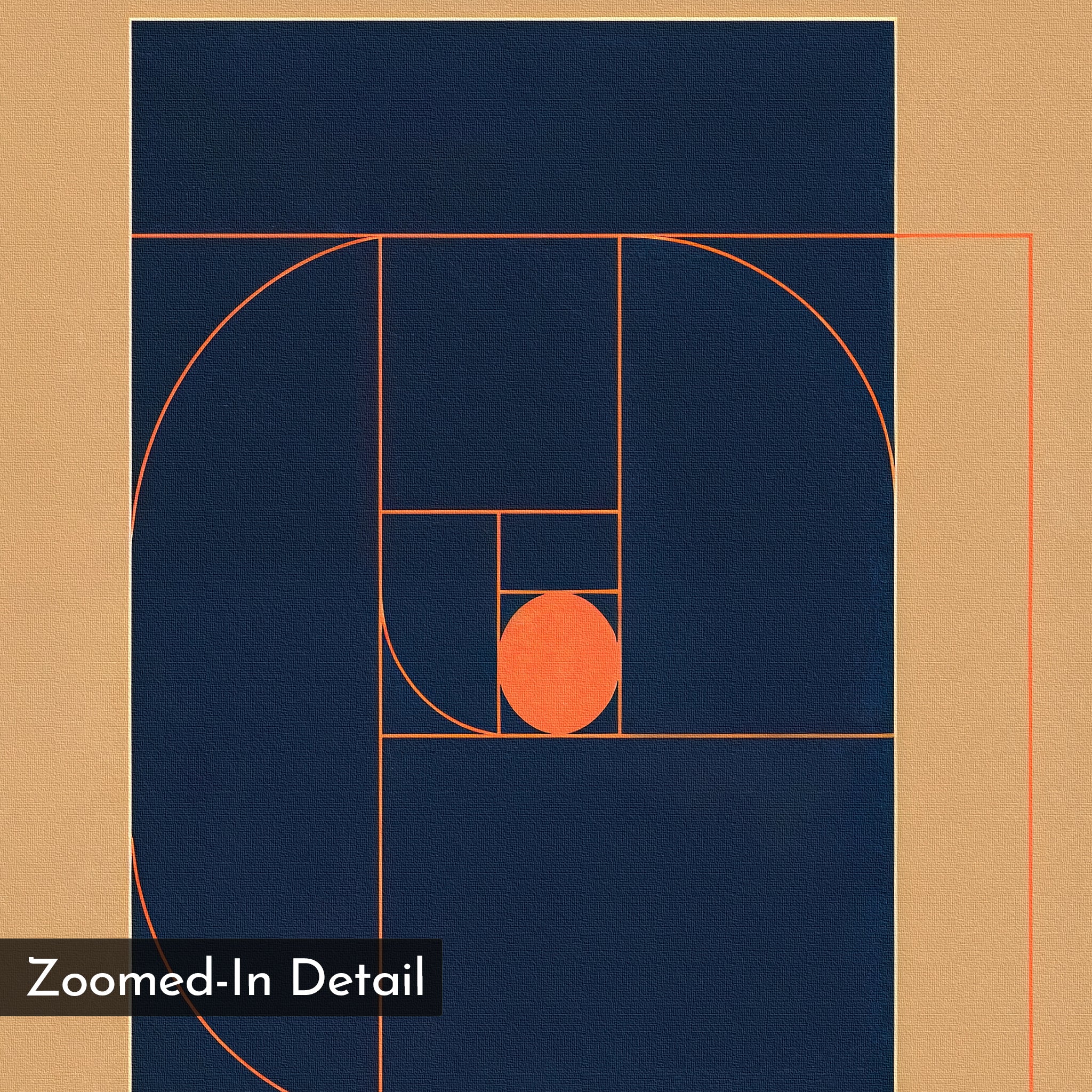 Ember Point Canvas Art: Abstract geometric wall art with golden rectangles, curves, and a central orange oval on a navy and tan background. Overlay label reads "Zoomed-In Detail"—ideal for modern living room decor.