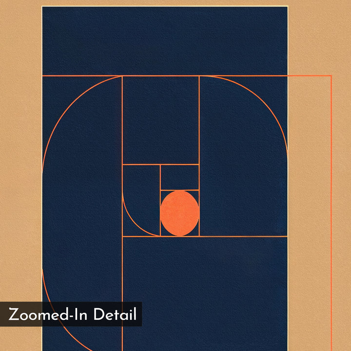 Ember Point Canvas Art: Abstract geometric wall art with golden rectangles, curves, and a central orange oval on a navy and tan background. Overlay label reads "Zoomed-In Detail"—ideal for modern living room decor.