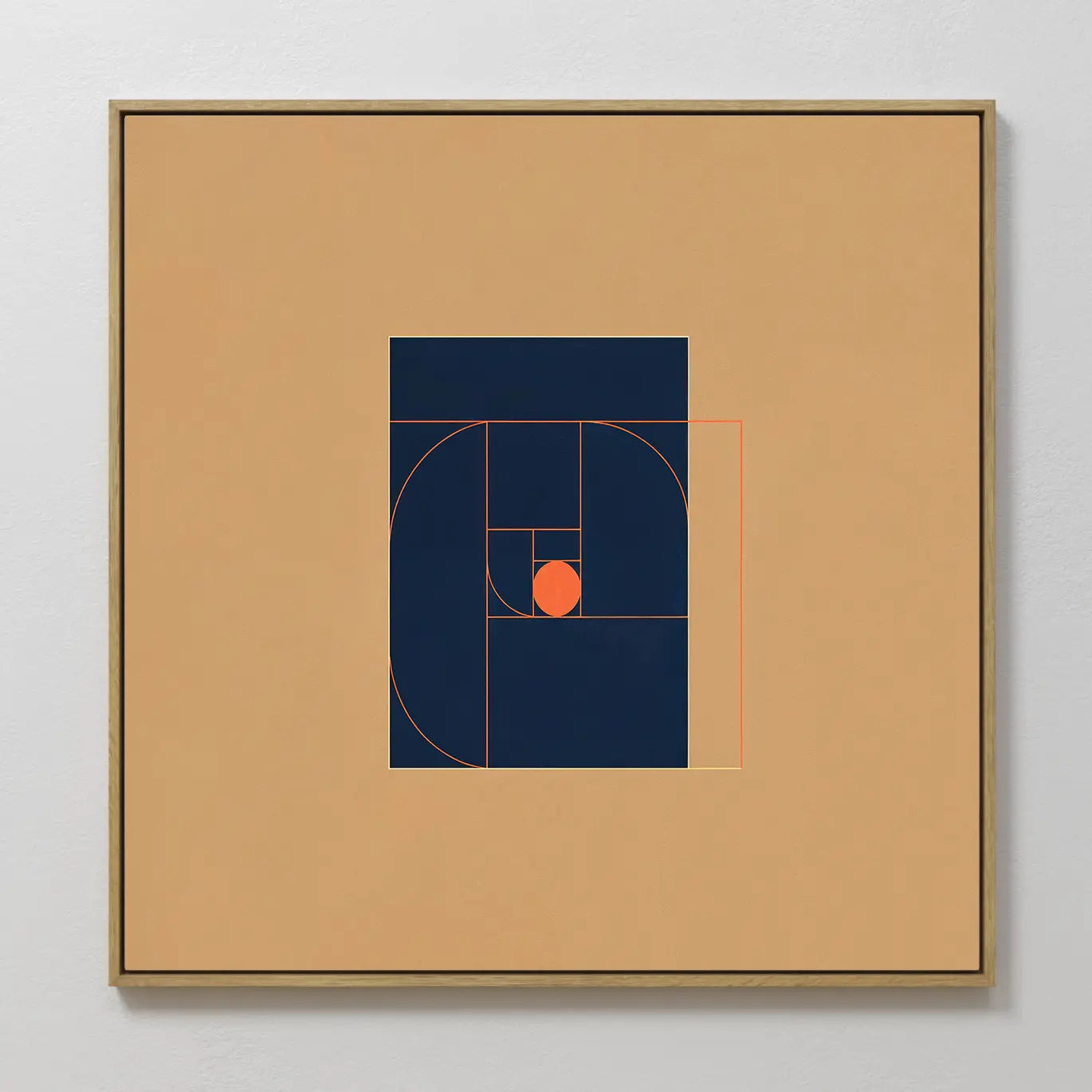 The Ember Point Canvas Art features minimalist geometric wall art with a navy design, golden ratio spirals, and an orange circle on a tan background in a simple wood frame—ideal for modern living room decor.
