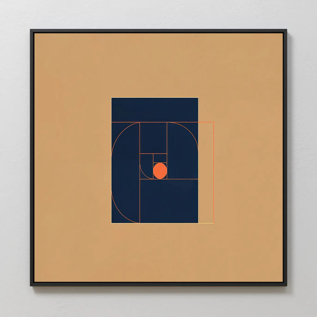 Ember Point Canvas Art: geometric wall art featuring golden ratio spirals and rectangles in dark blue and orange-red on tan, centered in a black frame—ideal for modern living room decor.