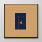 Ember Point Canvas Art: geometric wall art featuring golden ratio spirals and rectangles in dark blue and orange-red on tan, centered in a black frame—ideal for modern living room decor.