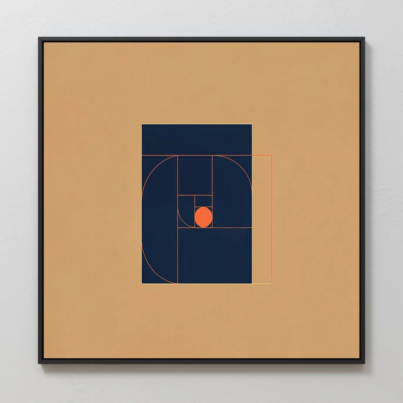 Ember Point Canvas Art: geometric wall art featuring golden ratio spirals and rectangles in dark blue and orange-red on tan, centered in a black frame—ideal for modern living room decor.