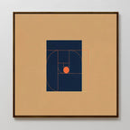 Ember Point Canvas Art showcases a navy blue geometric design with a central orange circle and red outlines on tan, featuring elements of the golden ratio spiral—ideal abstract wall art for modern living room decor.