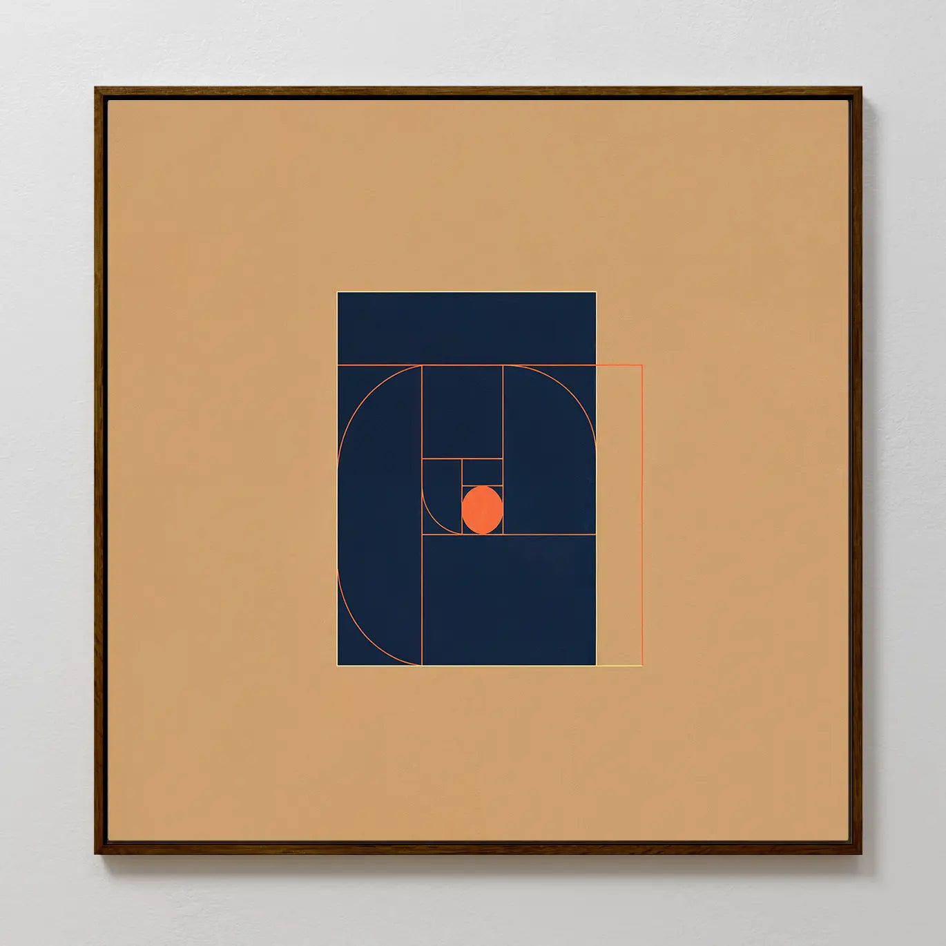 Ember Point Canvas Art showcases a navy blue geometric design with a central orange circle and red outlines on tan, featuring elements of the golden ratio spiral—ideal abstract wall art for modern living room decor.