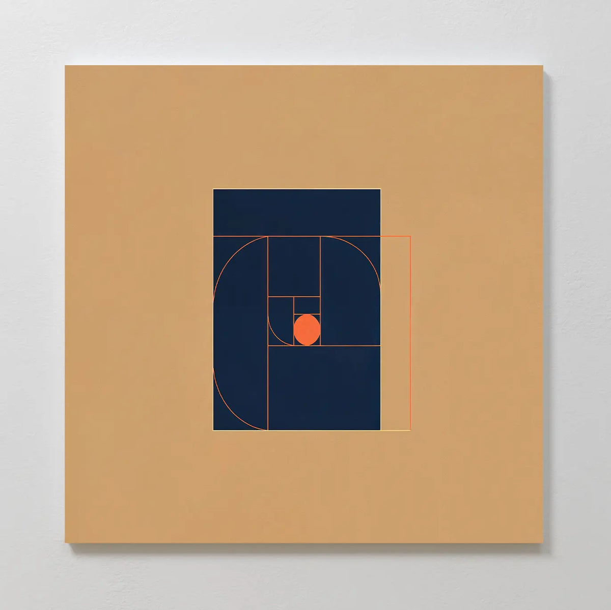 The Ember Point Canvas Art features minimalist geometric spirals and rectangles in navy blue and orange on a tan background, echoing the golden ratio—a stylish addition to any modern living room decor.