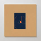 The Ember Point Canvas Art features minimalist geometric spirals and rectangles in navy blue and orange on a tan background, echoing the golden ratio—a stylish addition to any modern living room decor.