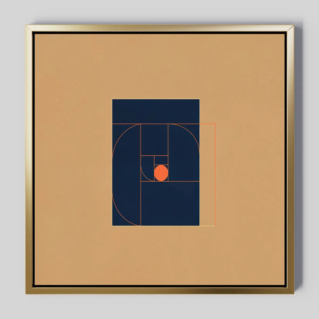 The Ember Point Canvas Art displays a navy blue square with a Fibonacci spiral and grid in orange lines, centered by an orange circle on a tan background—perfect for adding modern abstract style to your living room decor.