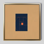 The Ember Point Canvas Art displays a navy blue square with a Fibonacci spiral and grid in orange lines, centered by an orange circle on a tan background—perfect for adding modern abstract style to your living room decor.