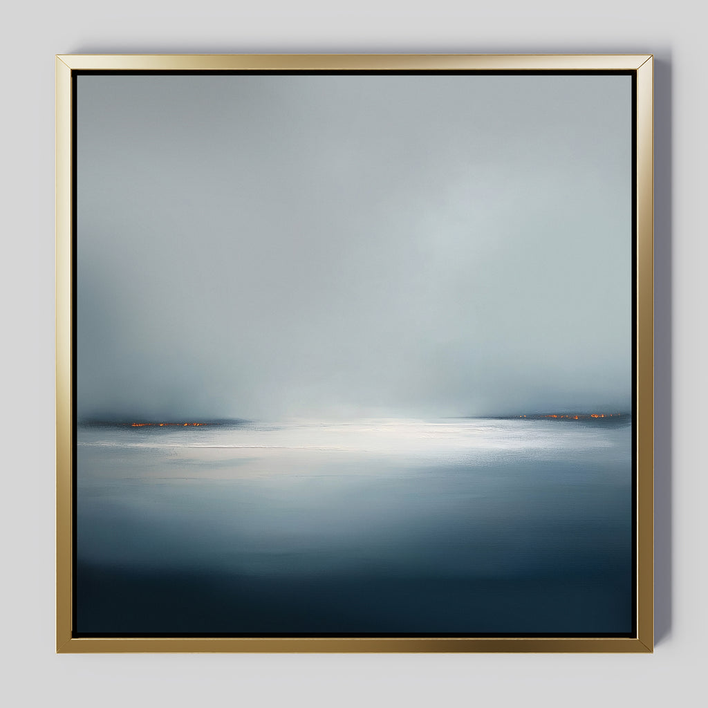 Emberline Stillness Canvas Art features a calm, misty seascape in blue and gray with a soft white glow and small orange lights—perfect minimalist wall art to elevate your modern interiors.